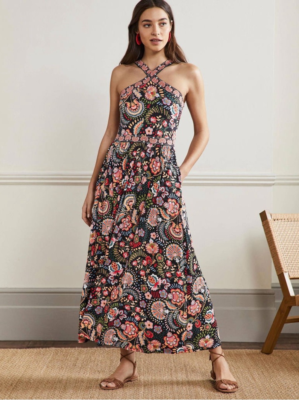 Boden Halterneck Jersey Maxi Dress in decorative meadow